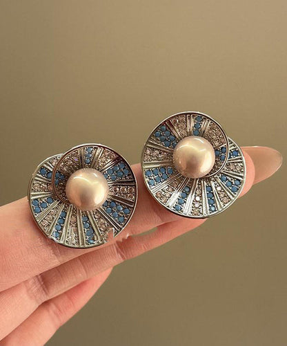 Zircon Shell Retro Pearl Copper Stud Colorblock Overgild Earrings