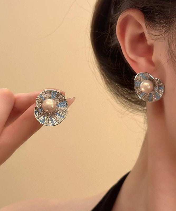 Zircon Shell Retro Pearl Copper Stud Colorblock Overgild Earrings