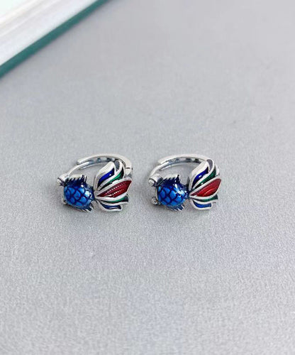 Retro Colorblock Sterling Silver Enamel Koi Carp Hoop Earrings GH1062