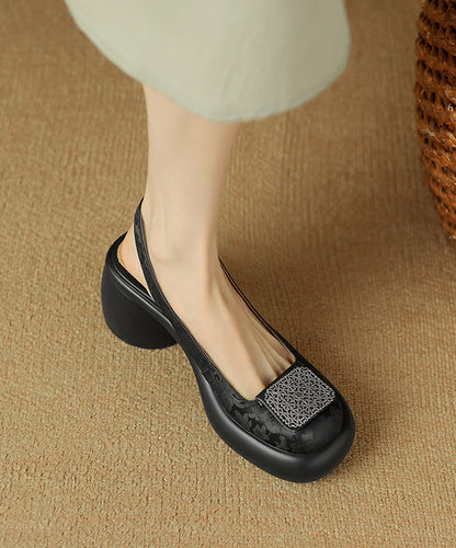 Heel Apricot Retro Splicing Leather Cowhide Chunky Sandals