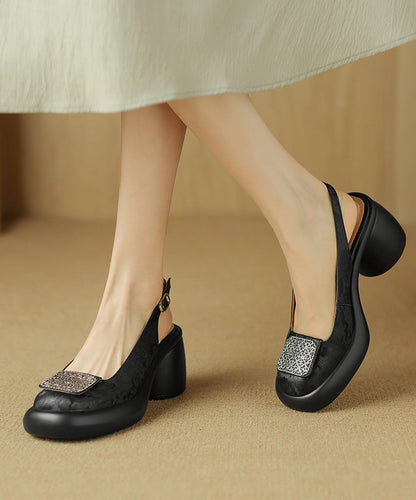 Heel Apricot Retro Splicing Leather Cowhide Chunky Sandals