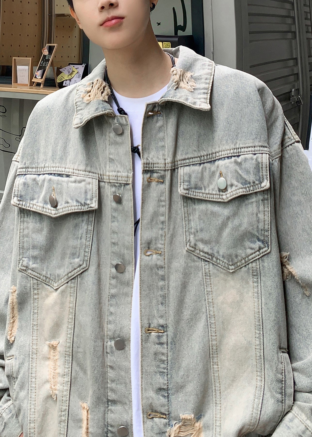 Blue TC036 Hole Denim Retro Mens Denim Pockets Coats Spring Button