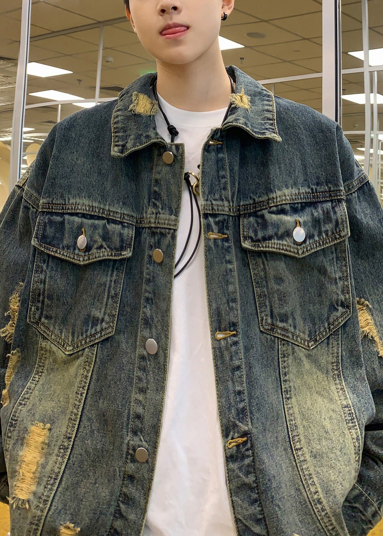 Blue TC036 Hole Denim Retro Mens Denim Pockets Coats Spring Button