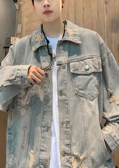 Blue TC036 Hole Denim Retro Mens Denim Pockets Coats Spring Button