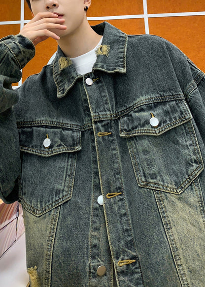 Blue TC036 Hole Denim Retro Mens Denim Pockets Coats Spring Button