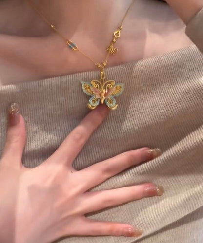 Ancient Butterfly Necklace Enamel Pendant Retro Gold