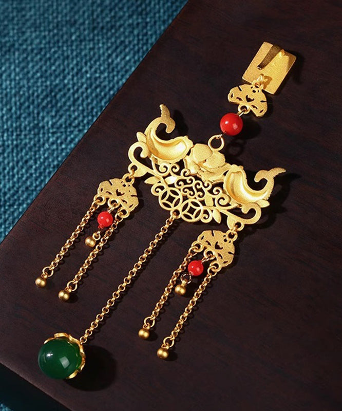 Retro Gold Ancient Gold Jade Agate Ruyi Tassel Brooches KX1089
