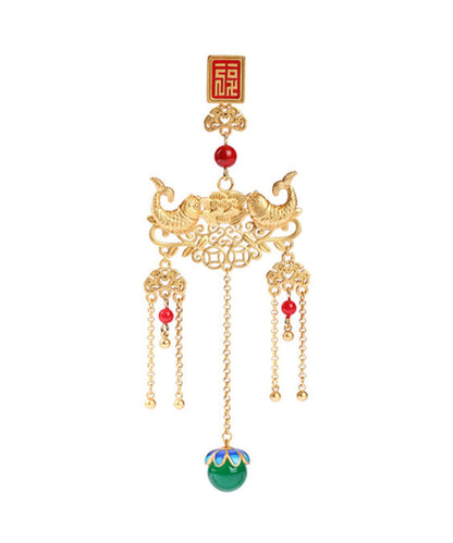 Retro Gold Ancient Gold Jade Agate Ruyi Tassel Brooches KX1089