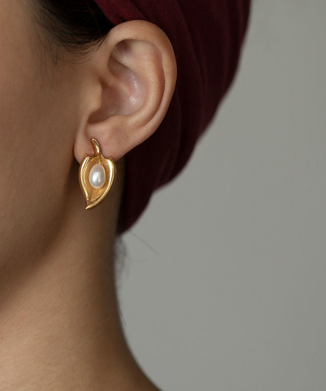 Earrings Copper Stud Retro Overgild Pearl Gold