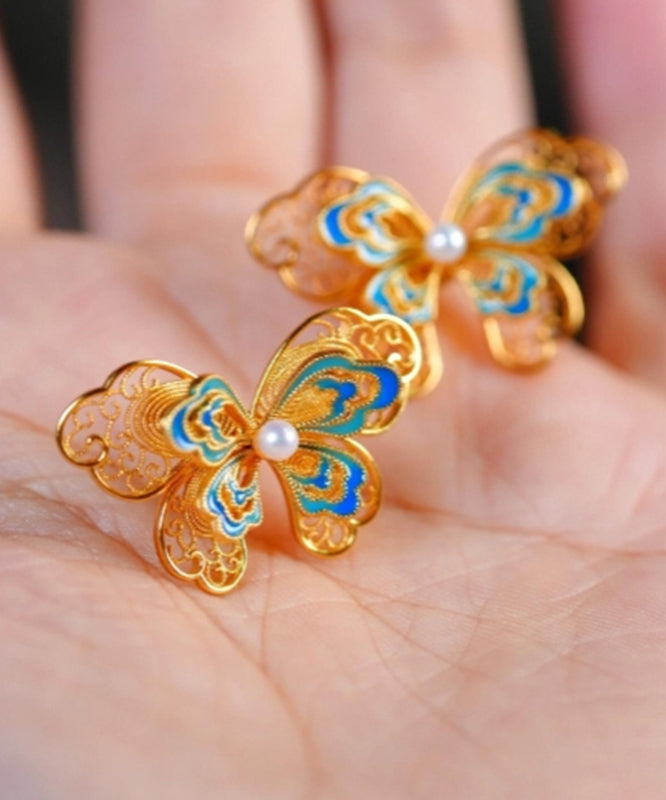 Overgild Butterfly Pearl Gold Stud Retro Enamel Silver Sterling