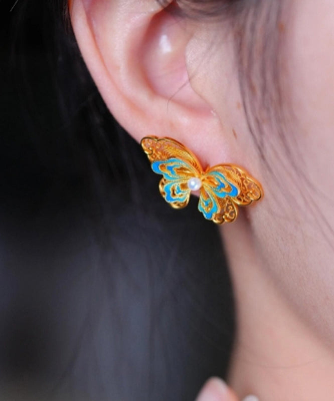 Overgild Butterfly Pearl Gold Stud Retro Enamel Silver Sterling