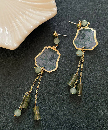 Retro Gold Sterling Silver Overgild Gem Stone Tassel Drop Earrings ZZ041