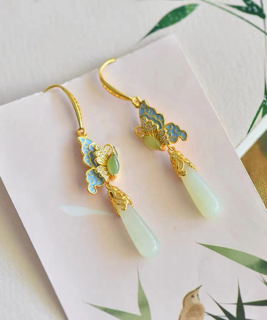 Retro Gold Sterling Silver Overgild Jade Enamel Butterfly Water Drop Drop Earrings AC1056