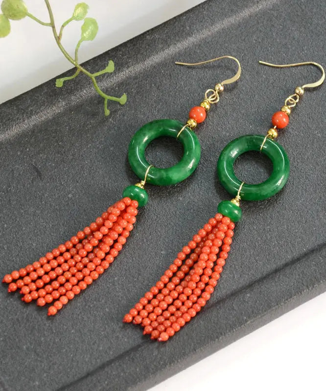 Retro Green 14K Gold Jade Tassel Circle Drop Earrings Ada Fashion