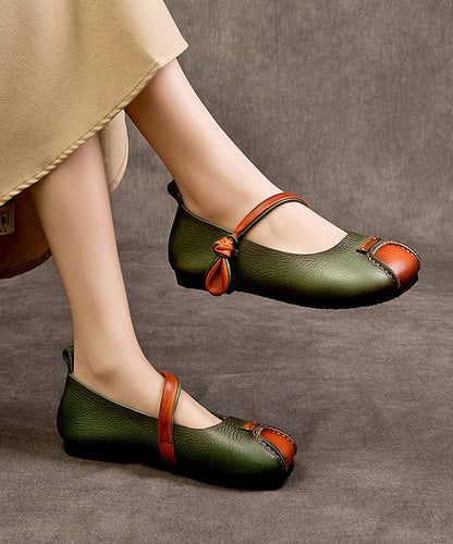 Shoes Buckle Leather Splicing Cowhide Flat Feet Retro Green Strap