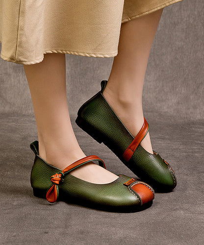 Shoes Buckle Leather Splicing Cowhide Flat Feet Retro Green Strap