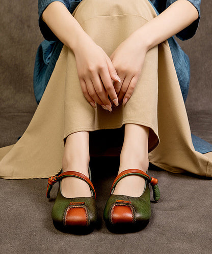 Shoes Buckle Leather Splicing Cowhide Flat Feet Retro Green Strap