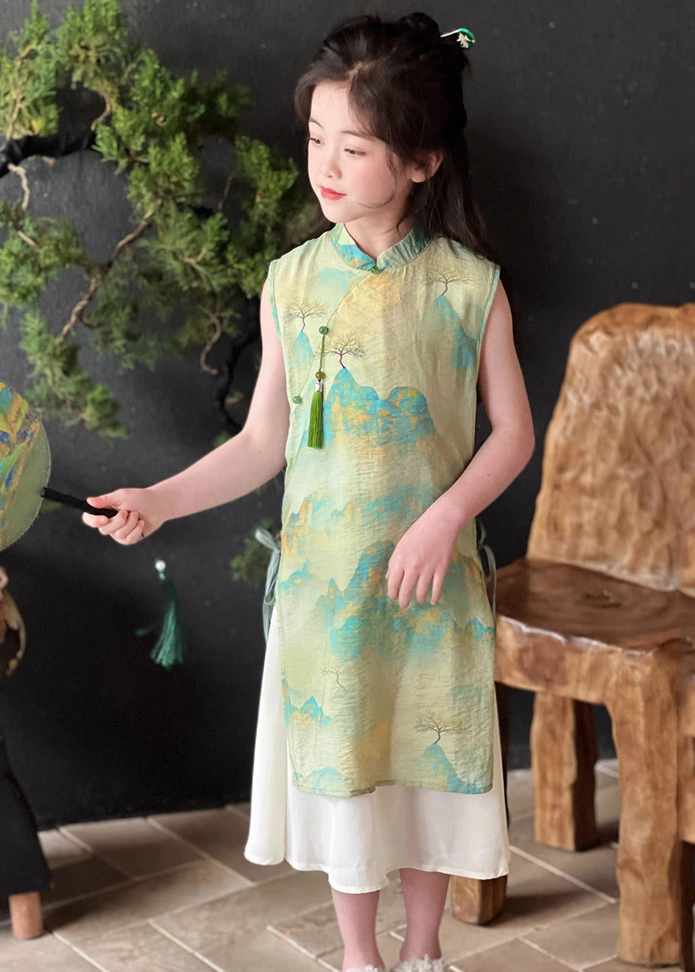 Retro Green Stand Collar Print Tie Waist Kids Maxi Dress Short Sleeve MN030