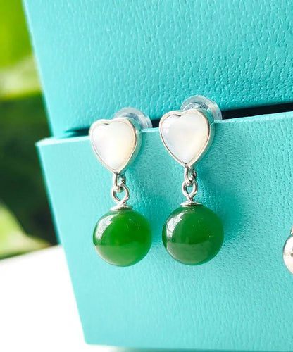 Retro Green Sterling Silver Inlaid Love Shell JadeDrop Earrings Ada Fashion