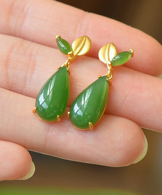 Retro Green Sterling Silver Overgild Jade Water Drop Drop Earrings LL001