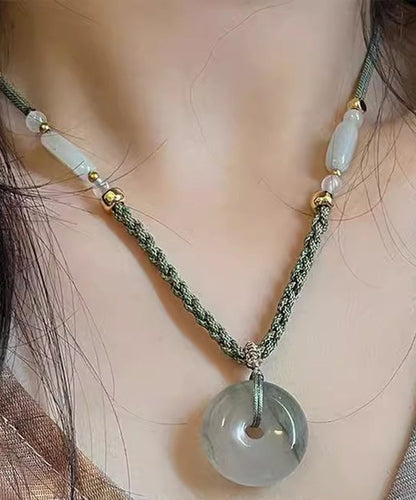 Retro Green Weaving Jade Ping An Buckle Pendant Necklace TX039