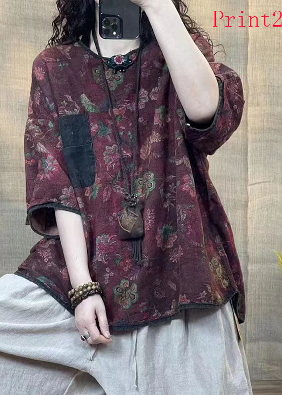 Retro Loose Print O-Neck Linen Tops Summer AP050