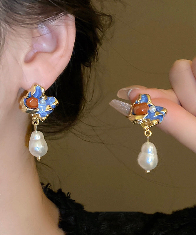 Pearl Earrings Multicolor Alloy Retro Floral Copper Drop