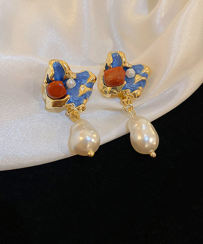 Pearl Earrings Multicolor Alloy Retro Floral Copper Drop