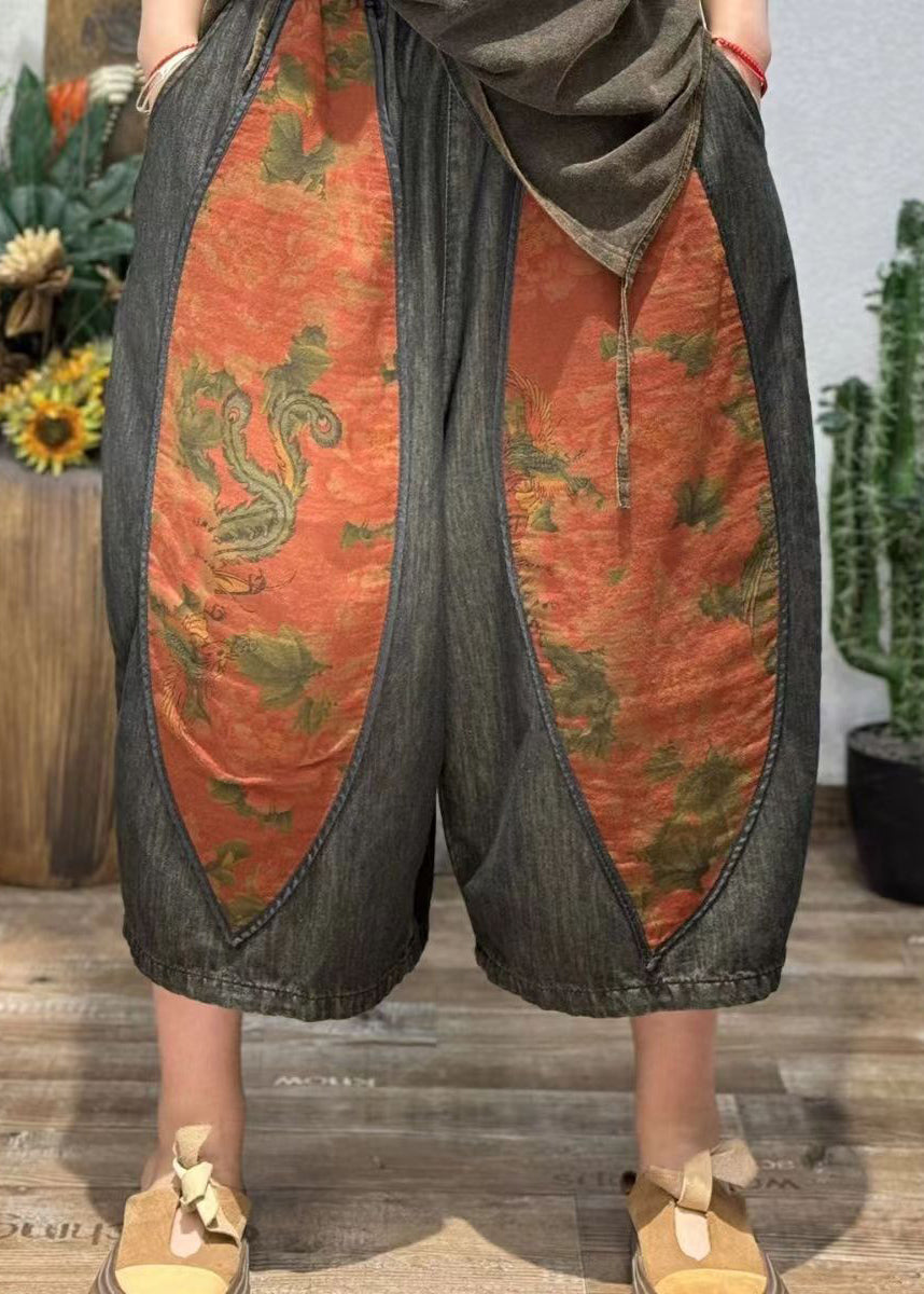 Retro Print Splicing Ethnic Style Cotton Crop Pants Summer BV082