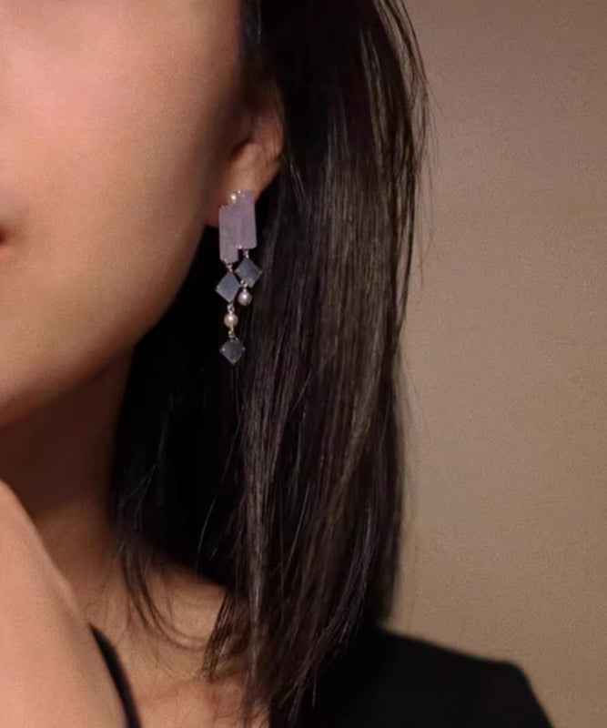 Asymmetrical Earrings Chalcedony Drop Retro Alloy Purple Tassel