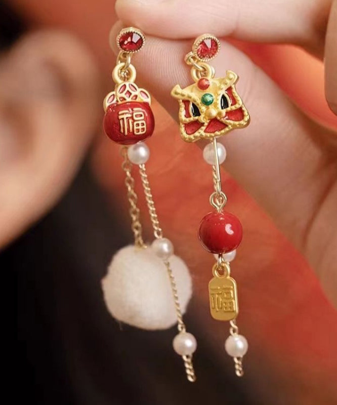 Retro Red Copper Overgild Asymmetric Pearl Lion Dance Lucky Cat Auspicious Clouds Drop Earrings YD040
