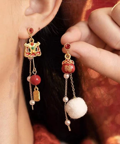 Retro Red Copper Overgild Asymmetric Pearl Lion Dance Lucky Cat Auspicious Clouds Drop Earrings YD040