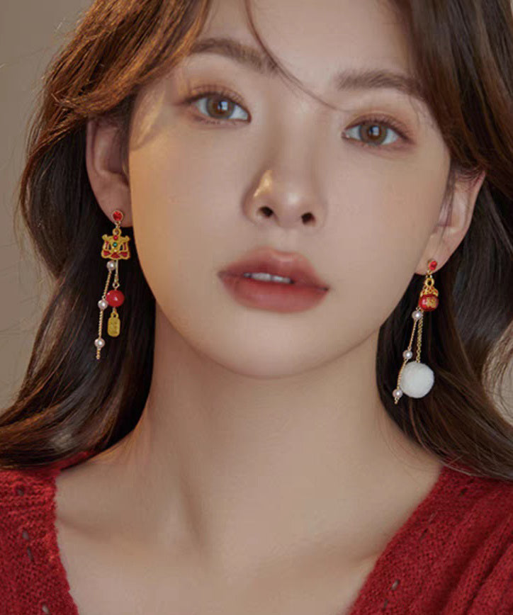 Retro Red Copper Overgild Asymmetric Pearl Lion Dance Lucky Cat Auspicious Clouds Drop Earrings YD040