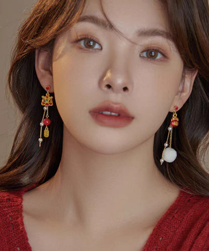 Retro Red Copper Overgild Asymmetric Pearl Lion Dance Lucky Cat Auspicious Clouds Drop Earrings YD040