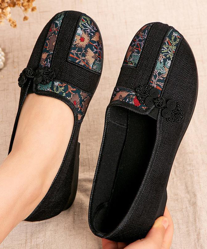 Red Retro Shoes Button Embroidered Splicing Oriental Flat