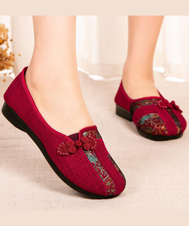 Red Retro Shoes Button Embroidered Splicing Oriental Flat