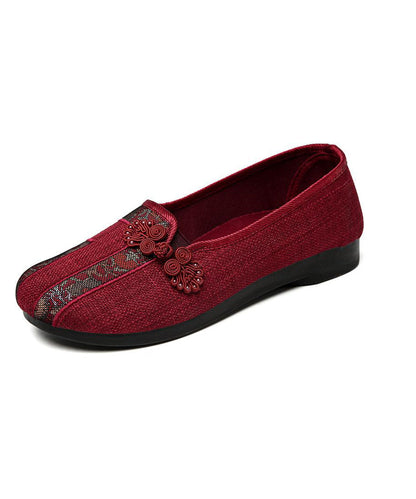 Red Retro Shoes Button Embroidered Splicing Oriental Flat
