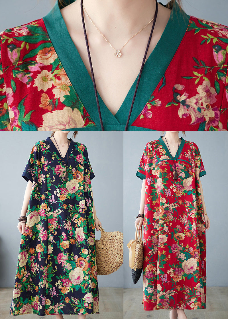Cotton Dresses Maxi Summer Print Red Oversized Retro