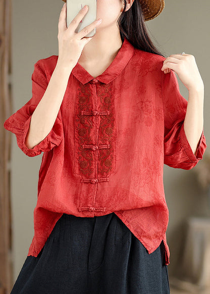 Retro Red Peter Pan Collar Embroidered Shirt Bracelet Sleeve AP021