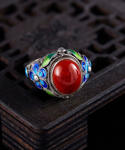Sterling Agate Silver Retro Red Rings Cloisonne