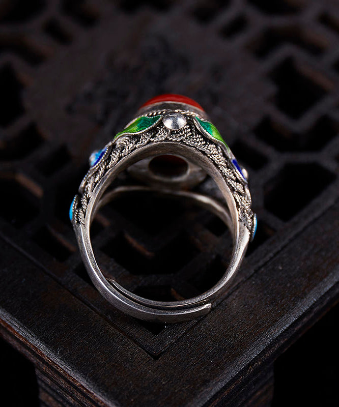 Sterling Agate Silver Retro Red Rings Cloisonne