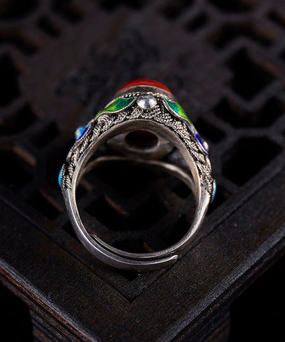 Sterling Agate Silver Retro Red Rings Cloisonne
