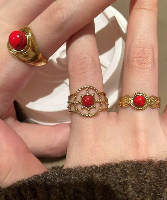 Red Overgild Hollow Retro Sterling Two Agate Silver Rings Out