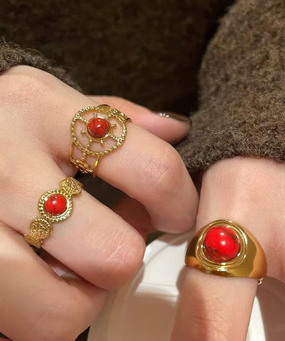 Red Overgild Hollow Retro Sterling Two Agate Silver Rings Out