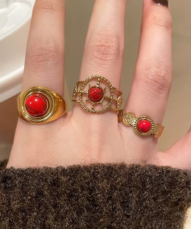 Red Overgild Hollow Retro Sterling Two Agate Silver Rings Out