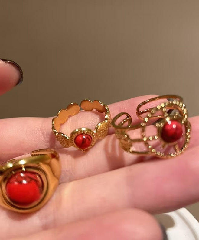 Red Overgild Hollow Retro Sterling Two Agate Silver Rings Out