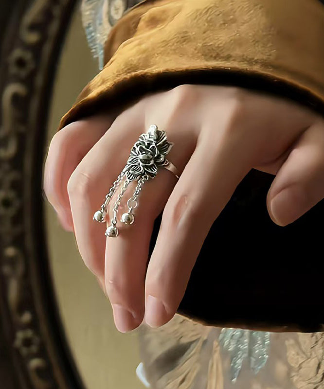 Peony Tassel Sterling Silk Retro Rings Silver