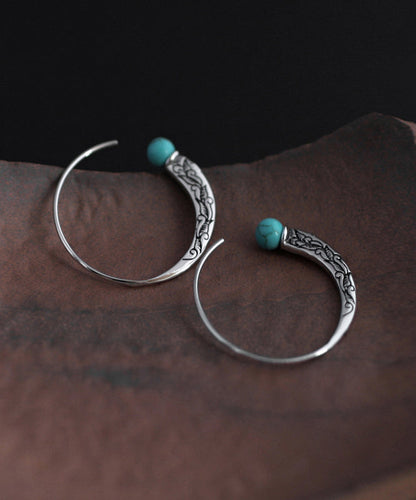 Retro Silk Sterling Silver Turquoise Hoop Earrings TX024