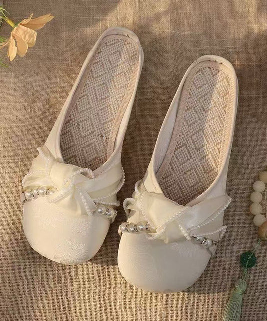 Chunky Splicing Satin Slide Retro Embroidered Sandals White