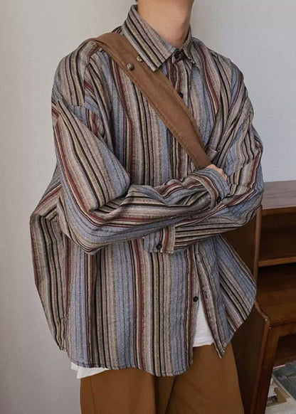 Spring Mens Pockets Button Striped Oversized Cotton Shirts Retro